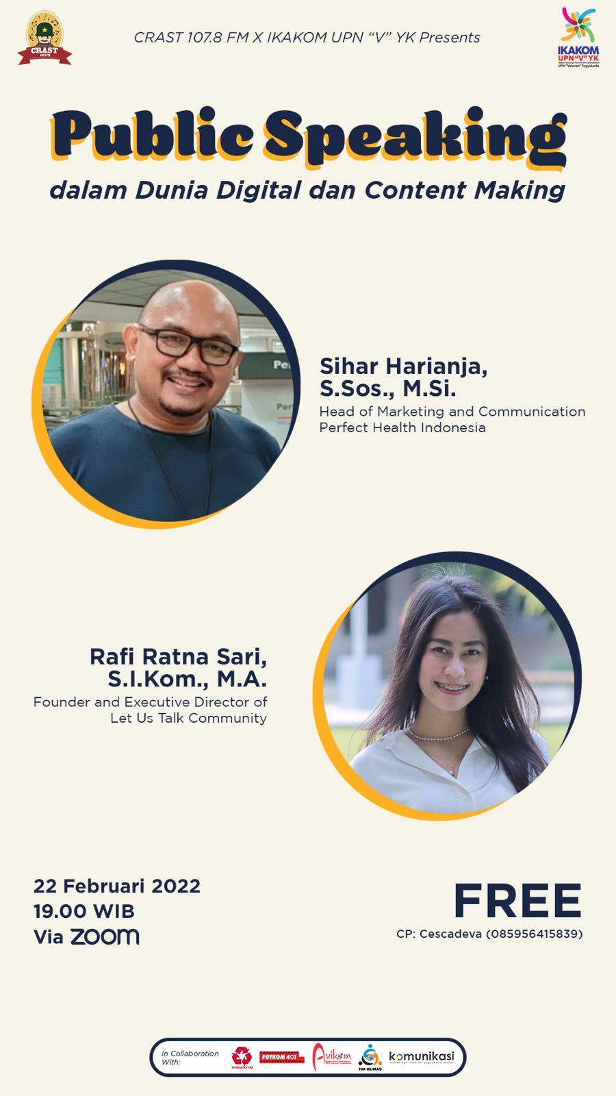 CRAST 107.8 FM DAN IKAKOM UPN “VETERAN” YOGYAKARTA GELAR WEBINAR PUBLIC SPEAKING